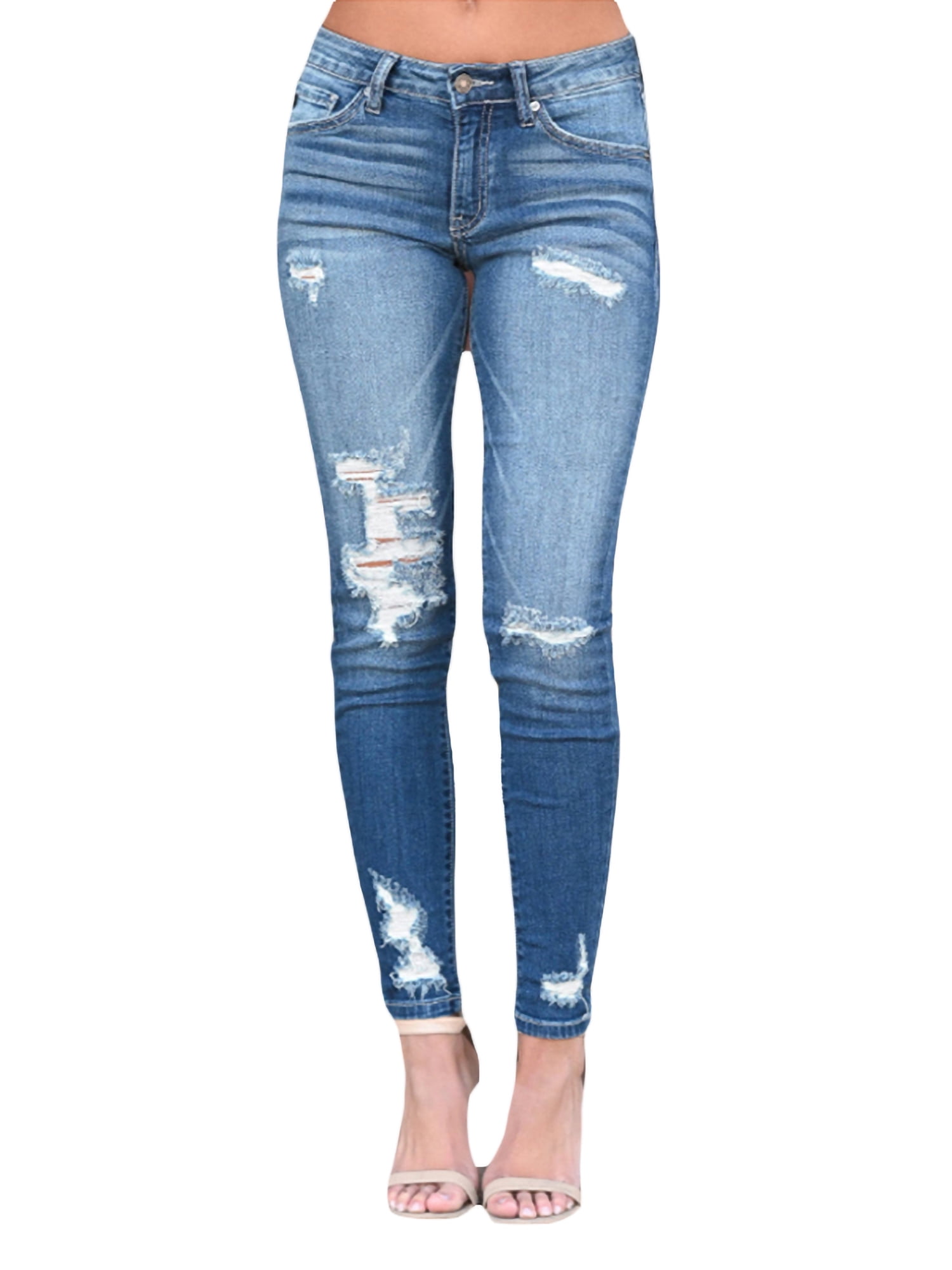 Color : Blue, Size : XXL LingGT Womens Ripped Hole Skinny Pencil Denim Stretch Slim Fitness Jeans