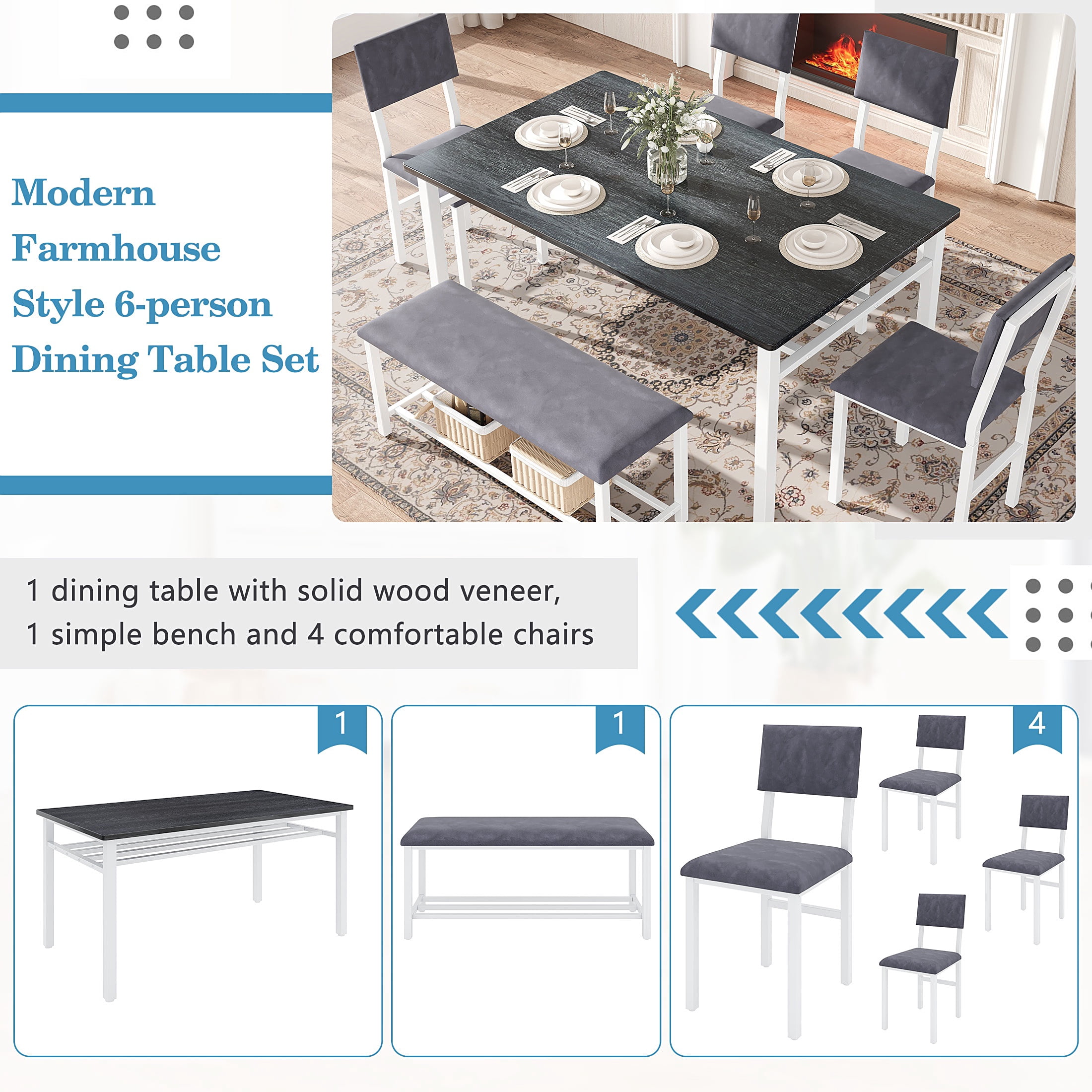 PORKISS Dining Table Set for 6, 6-Piece Dining Room Set with Wooden Table Top, Velvet Upholstery Chairs and Bench, Kitchen Table and Chairs Set with Metal Frame Storage, Dinette Sets, Gray+White