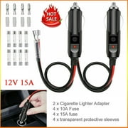 2 Pack 12V Fused Replacement Cigarette Lighter Male Plug - Cigarette Lighter Plug - with Leads & LED Light & 1FT 16AWG Extension Cable with 15A Fuse 10A Fuse