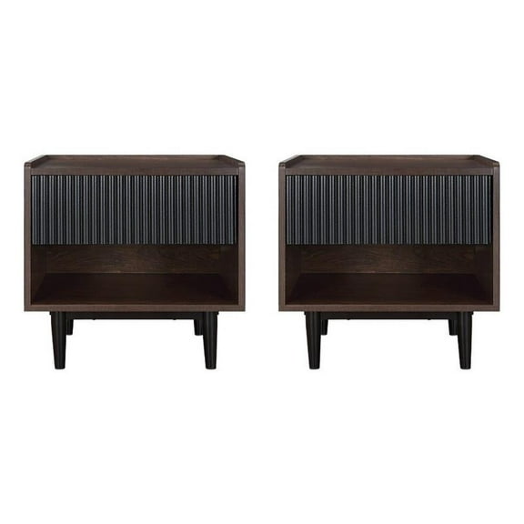 Maklaine Engineered Wood Nightstand in Dark Brown and Black - Set of 2