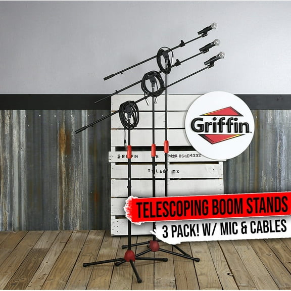 Griffin Microphone Stand 3PACK Boom Mount XLR Cable Cardioid Singing DJ Mic Clip