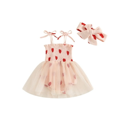 

Bslissey Baby Girls Valentine s Day Romper Dress Sleeveless Tie Strap Heart Print Smocked Tulle Hem Bodysuit with Headband 3M 6M 12M 18M Infant Sweet Daily Clothes