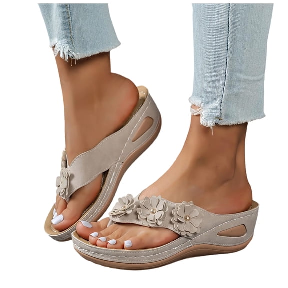 Rokment Womens Bling Rhinestones Flower Orthopedic Flip Flops Boho Beach Summer Leather Platform Wedge Arch Support Dress Slip on Sandals Comfortable Walking Slides Thong Slippers Beige Size 6.5