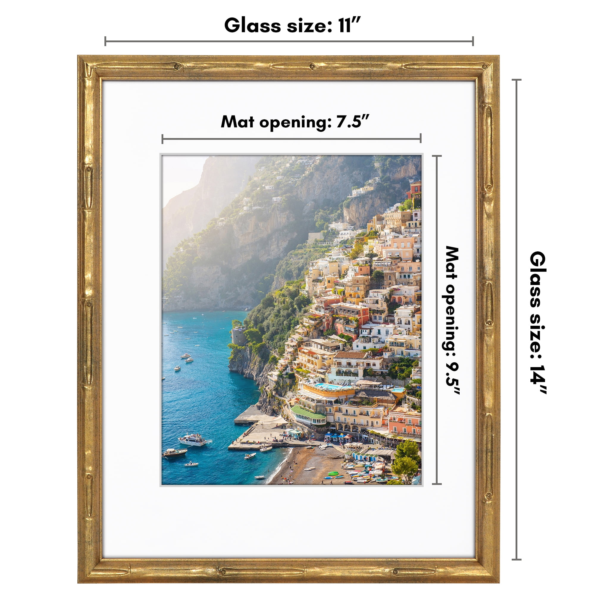 Americanflat 11x14 Picture Frame with Shatter-Resistant Glass with 8x10 Mat Bamboo Design Display Photo - Gold