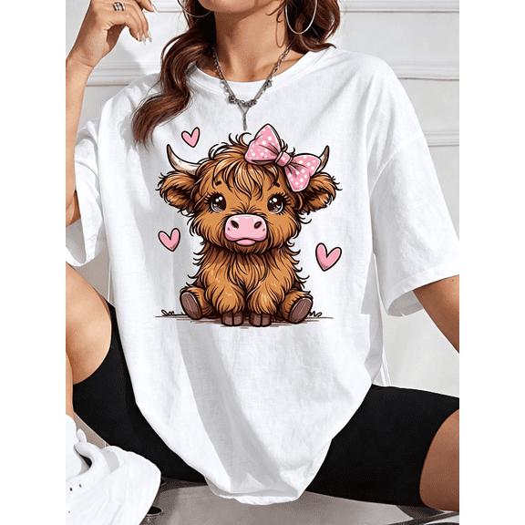 Cute Highland Cow Pink Bow Heart Graphic T-Shirt, Cartoon Fluffy Cow Casual Short Sleeve Unisex Shirt For Animal Lovers Daily Wear