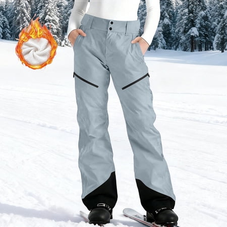 QSAWXQZ Women s Fleece Lined Snowpants Windproof Waterproof Color Block Button Snowboarding Pants with Zipper Pockets L