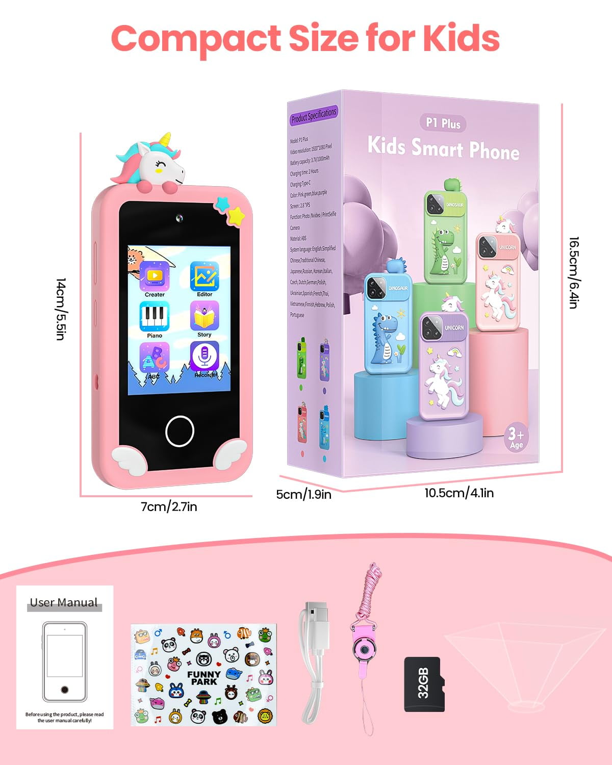 Merryhome Kids Smart Phone with Holographic Pyramid, 32G Card Christmas Birthday Gifts for Age 3-10 Kids Toys Cell Phone, 2.8" Touchscreen Toddler Learning Play Toy, Dual Camera, Music Player