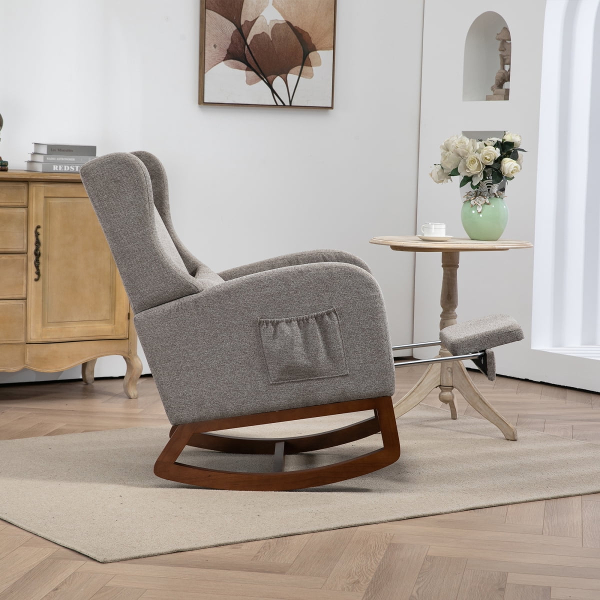 25.4"W Modern Rocking Chair for Nursery, Mid Century Accent Arm Rocker With Retractable Footrest, Side Pocket, Comfy Upholstered Wingback Wooden Glider Chair for Living Room Baby Kids Room. Taupe