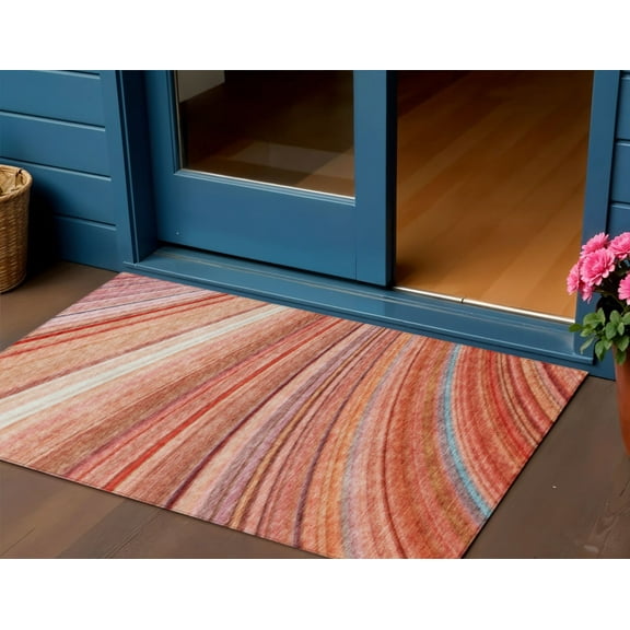 HomeRoots 577349 3 x 5 ft. Striped Washable Indoor & Outdoor Rectangle Area Rug, Terra Cotta, Salmon & Orange