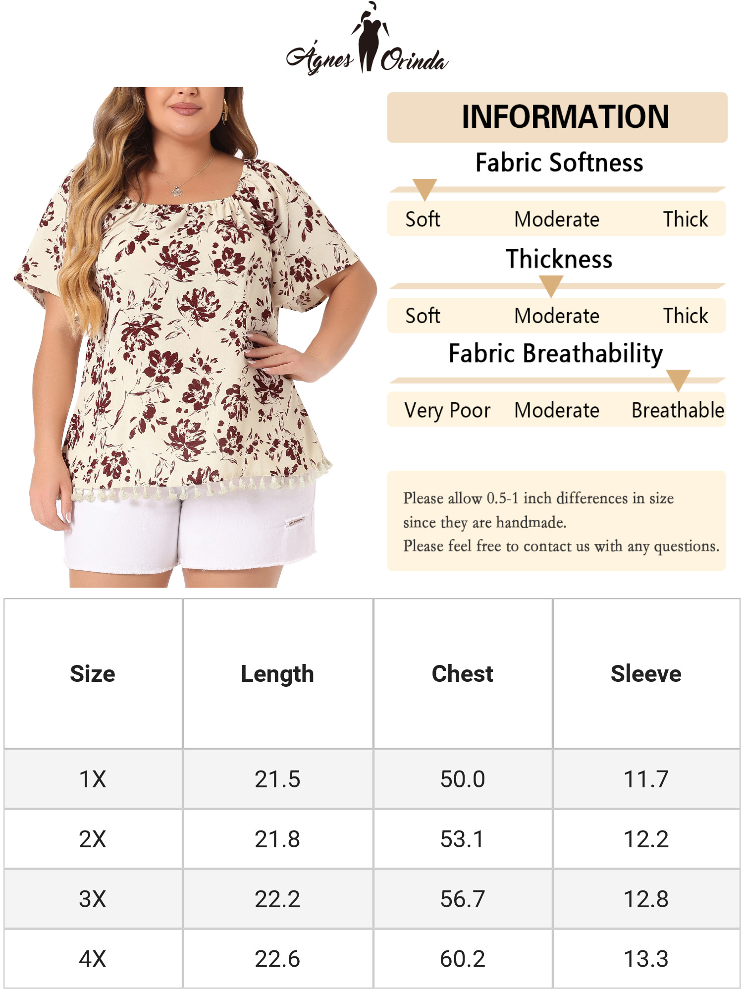 DARING DIVA Women's Plus Floral Off Shoulder Tassel Hem Top 4X Apricot
