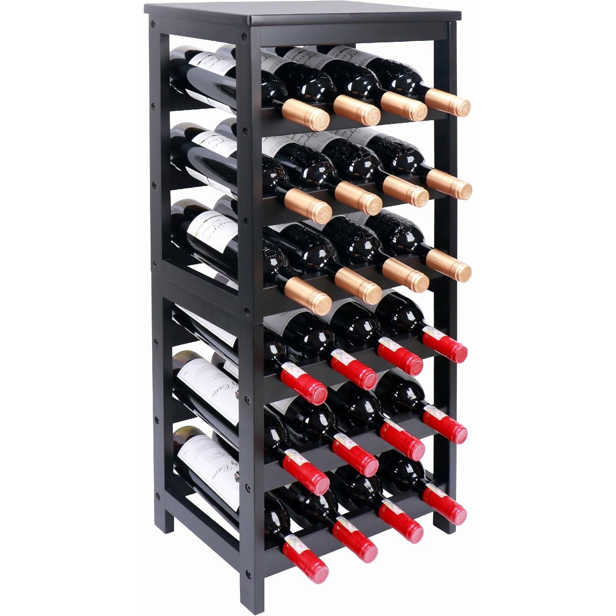 6-Tier Freestanding Bamboo Wine Rack Holds 24 Bottles Black Bottle Holder with Table Top Easy Assembly for Kitchen Dining Room Bar