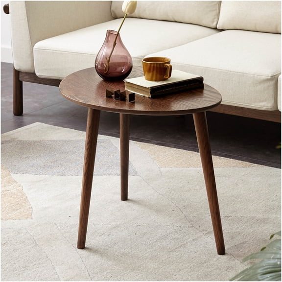 Pebble Shaped Oak Coffee Table, Walnut Finish Solid Wood Low Table for Living Room, Mid-Century Modern Center Table with Easy Assembly