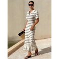 thumbnail image 3 of Womens Chocolate Brown Striped Collar Knit Midi Dress With Ruffle Hem, 3 of 5