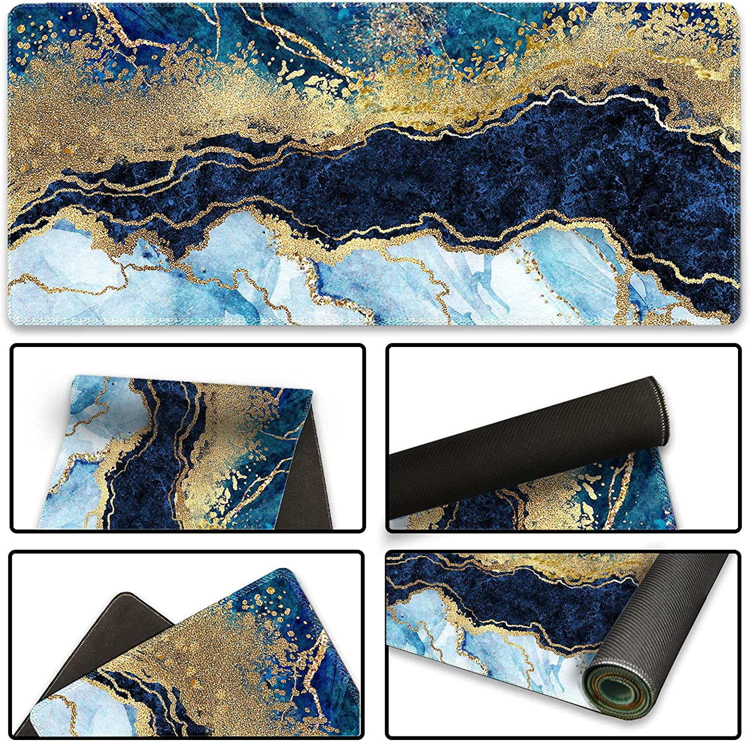 Extended Gaming Mouse Pad XXL Large Keyboard Mat Long Mousepad Desk Decor Writing Pad Non Slip Rubber Base Stitched Edges for Work, Game, Office, Home, 35.1" x 15.7" , Blue Marble