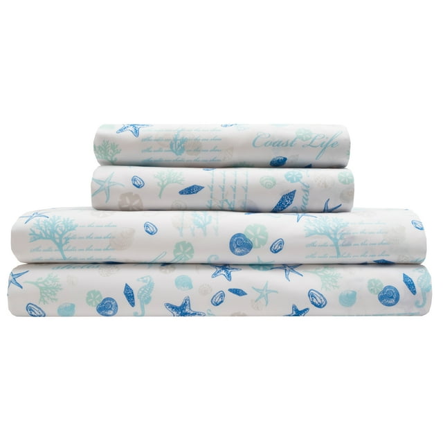 Elite Home Ensemble de Draps de Lit en Microfibre Côtière, Grand, Hampton Bleu