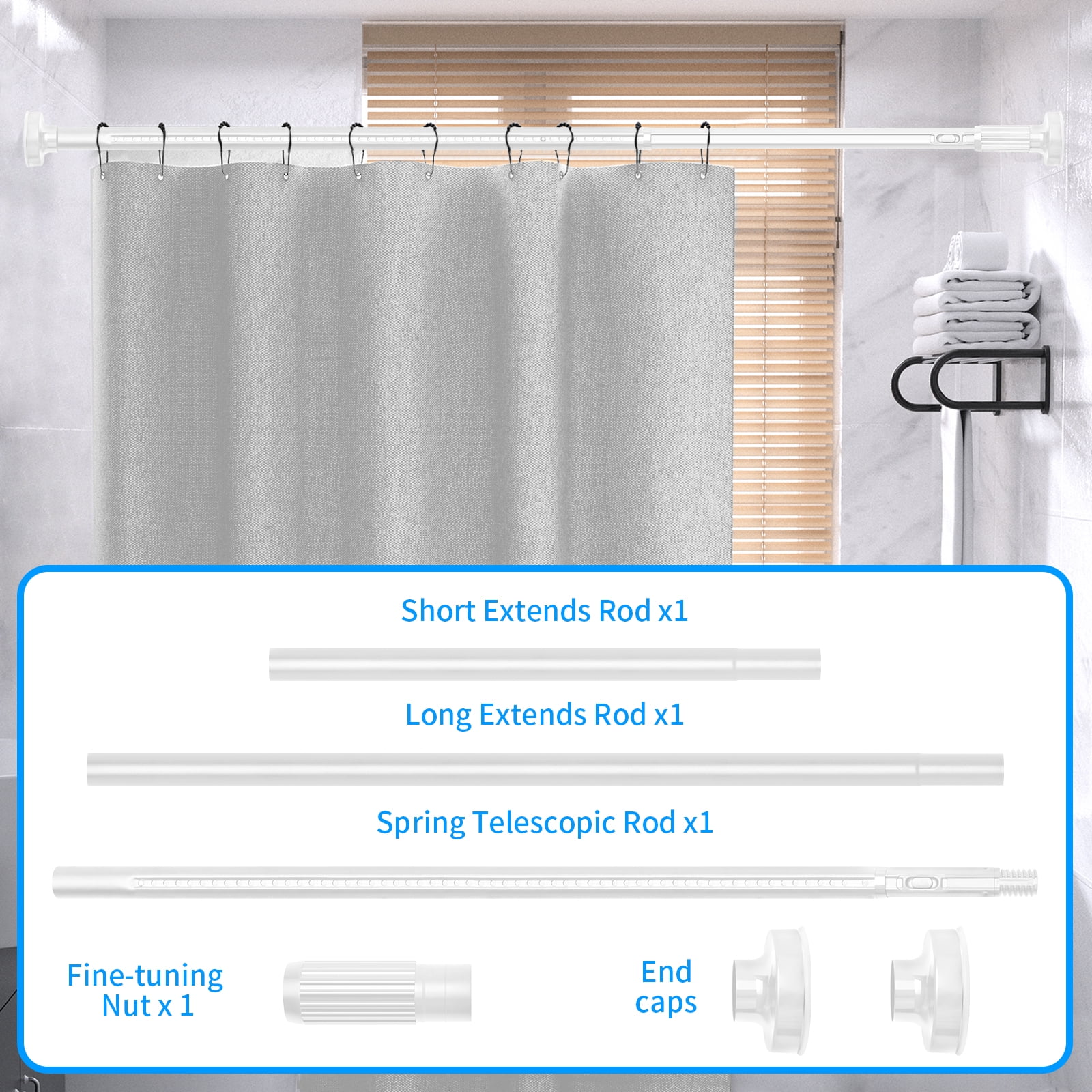 Ktinnead One-Push Tension Curtain Rod,94-122 in Extra Long Curtain Rods No Drill Adjustable Spring Shower Curtain Rod,Rustproof Steel for Window Patio Outdoor Bathroom,White