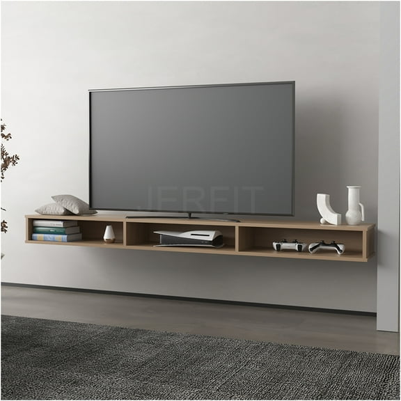JERFIT Wall Mounted TV Stand for Living Room, Floating Beige TV Shelf with Storage, Space Saving Entertainment Center for Bedroom & Office, Macadamia Engineered Wood Console Table
