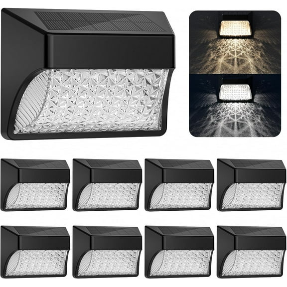 Solar Deck Lights Outdoor, 8 pack, Waterproof Dusk to Dawn, Warm/Cool White LED for Fence, Stairs, Yard, Patio - Black