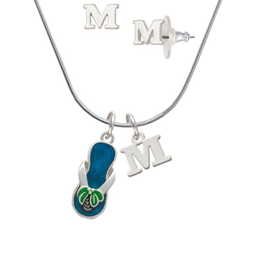 Tropical Blue Flip Flop with Palm Tree - M Initial Charm Necklace and Stud Earrings Jewelry Set