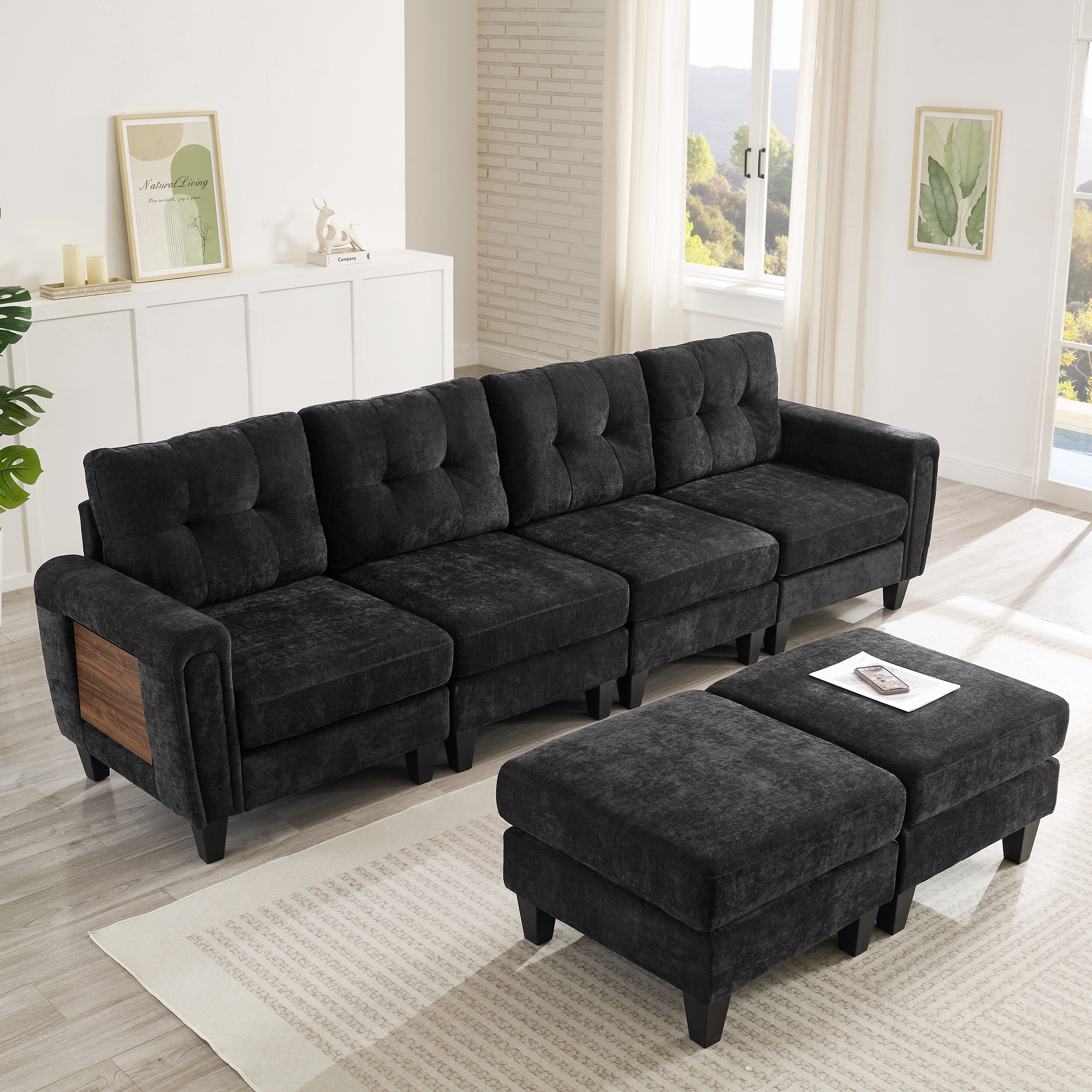 Euroco Modern Sectional Sofa 115" U-shaped Sofa Upholstered Sofa Couch with Two Movable Ottomans, USB Ports and Side Tables for Living Room, Black