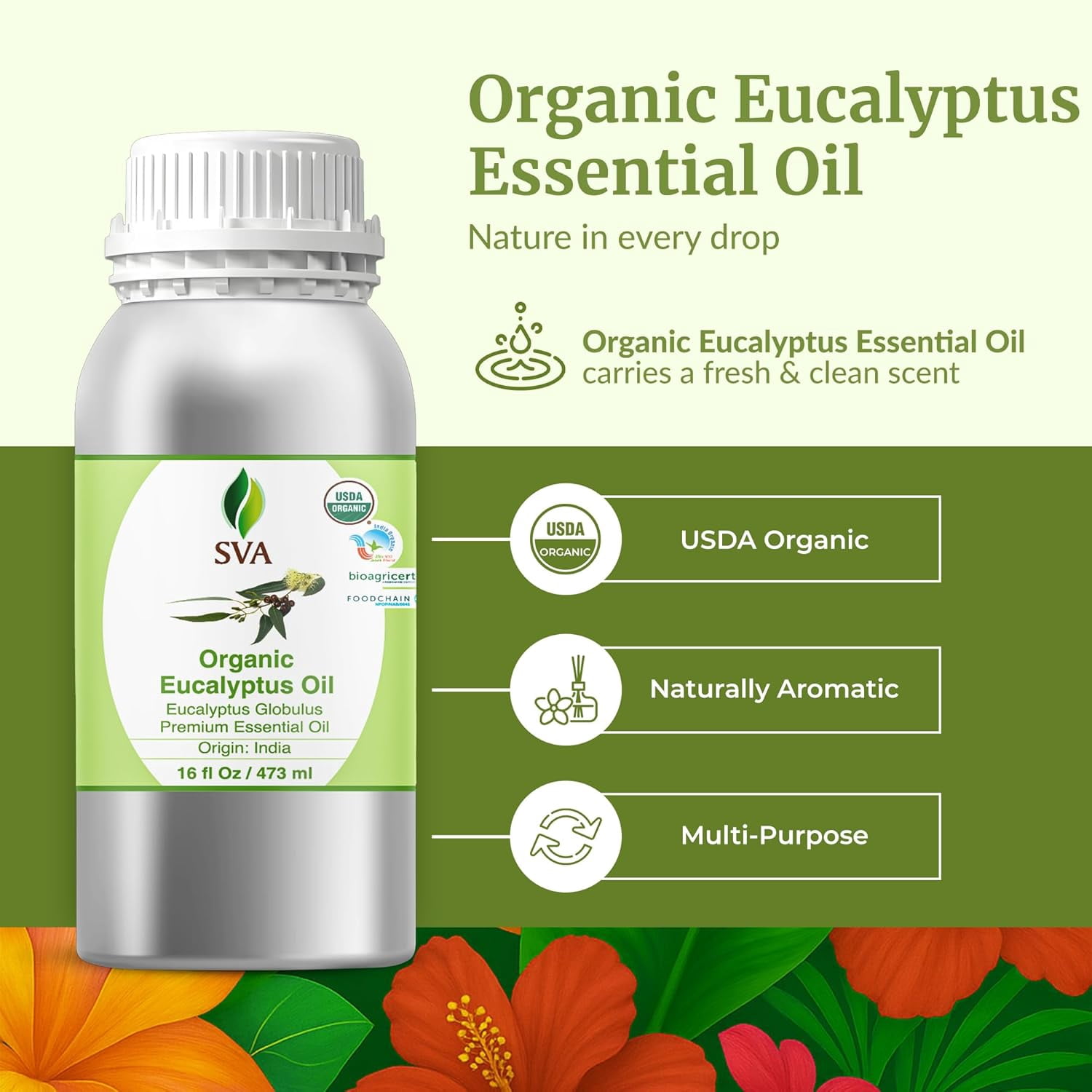 SVA Eucalyptus Essential Oil Organic – 16 Fl Oz – 100% Natural Organic Eucalyptus Oil for Hair, Face, Skin Care, Diffuser, Aromatherapy, Scalp, Body Massage, Soap and Candle Making