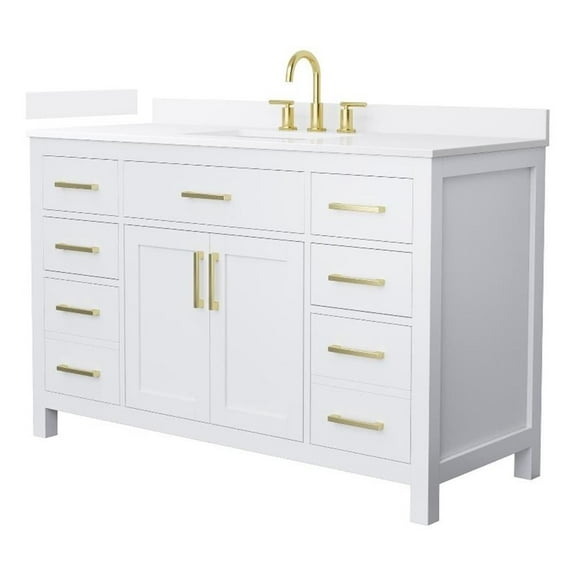 Beckett 54" White Single Vanity & White Quartz Top (3-Hole) & Gold Trim