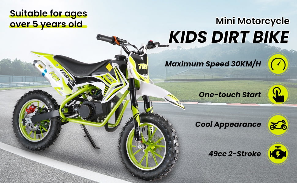Kids Gas Motorcycle - 49cc Mini Bike with Front & Rear Disc Brakes, Wear-Resistant Tires & Ergonomic Handle for Off-Road Fun (Cool Green)