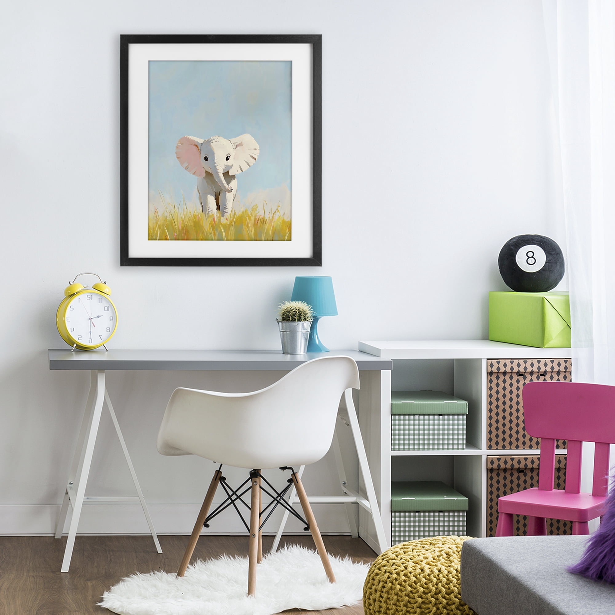 Stupell Industries White Baby Elephant in Grass Black Framed Print Under Glass, design by The Prints Vibe