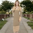 thumbnail image 6 of Women's Striped Knit Midi Dress with Long Sleeves and Ribbed Texture - Small, Khaki, 6 of 7