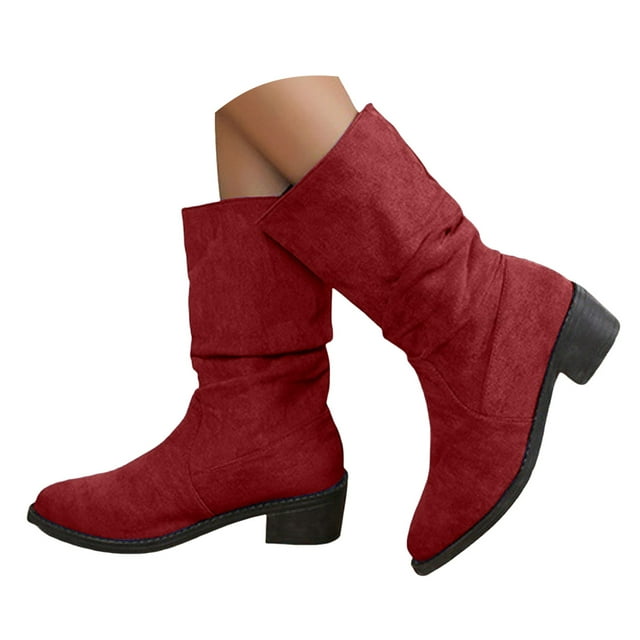 Dakaela Bottes Western Décontractées pour Femmes en Daim Cowboy Larges Mi-Mollet Bout Rond à Enfiler Chaussures de Marche