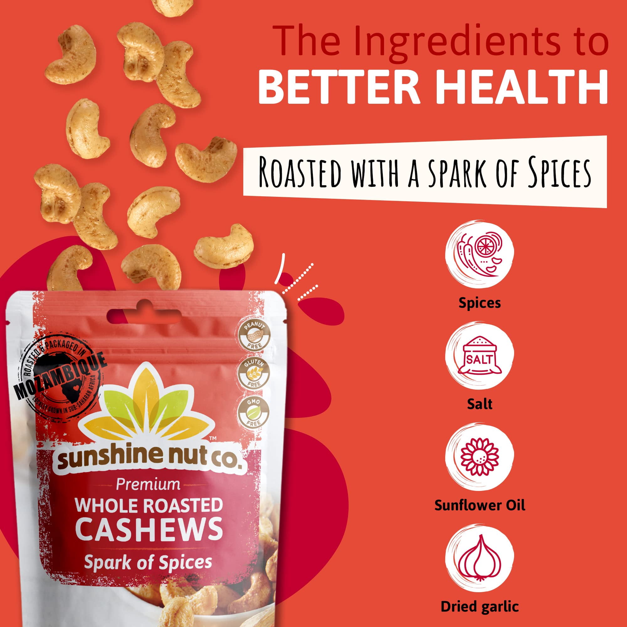 Whole Roasted Lightly Salted Cashews by Sunshine Nut Co., Gluten Free, Peanut Free and Vegan Individual Snack Packs for Kids and Adults, Spark of Spices Flavor, GMO Free, 6 Pack, 7 oz. Each