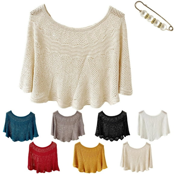 CXHEGBEJ Knitted Sun-Proof Ice Silk Shawl for Women Summer Hollow-Out Knit Shawl Wraps Pullover Top Shoulder Wrap Shrug Cover Up Outfit with Pearl Clip Gift Beige