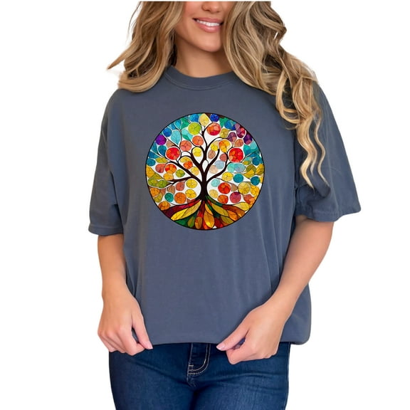 Colorful Tree of Life T Shirt, Vibrant Mosaic Tree Shirt, Unique Artistic Tree Tee, Multicolor Nature Design, Round Tree Art Shirt, Denim Comfort Colors T-Shirt, Small