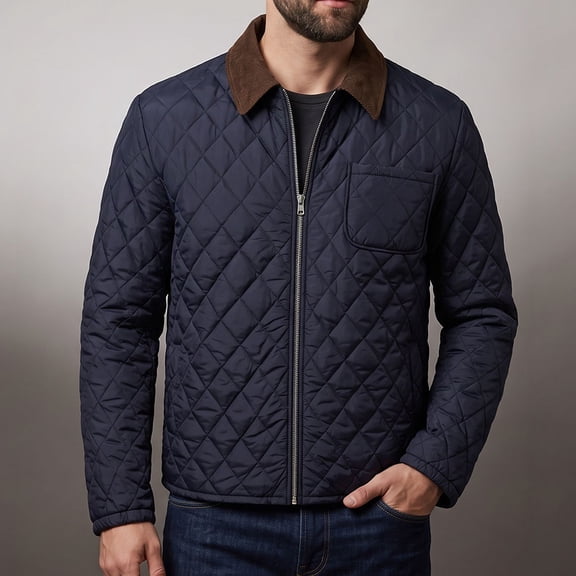 Xdegoge Mens Quilted Jacket with Corduroy Collar Lightweight Zip Up Coat Long Sleeve Fall Winter Casual Warm Outerwear with Pocket