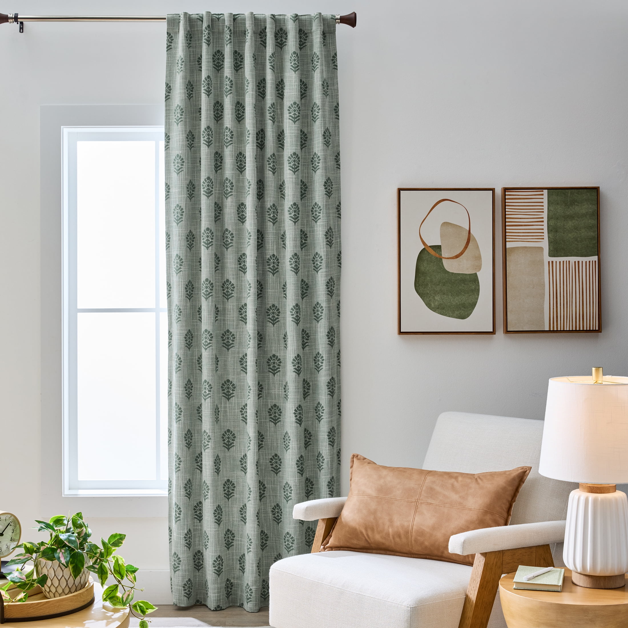 Better Homes & Gardens Floral Block Print Blackout Single Curtain Panel, Green, 50"W x 95"L