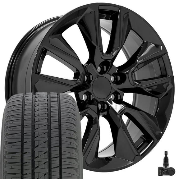 OE Wheels CV32 22 Inch Rims and Tires Fit Silverado 1500 Style 6x139.7 22x9 Gloss Black - Hollander 5916 - Dueler H/L Alenza 285/45-22 (Set of 4)