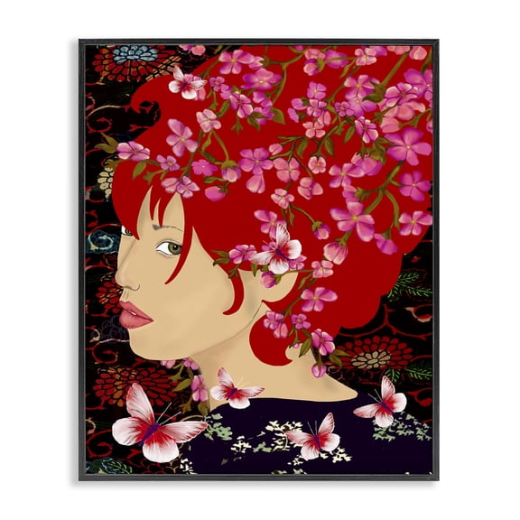 Stupell Industries Bohemian Pink Blossom Female Portrait Butterfly Florals Abstract Pattern Black Framed Giclee Art, 11 x 14, by Sangita Bachelet