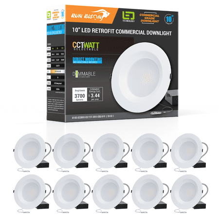 

RUN BISON 10 Inch Recessed LED Commercial Downlight with J-Box Wattage Adjustable 22/29/37.5W 3 Color Selectable 3000K-5000K 120-277V Dimmable IC Rated Canless LED Downlight - 10 Pack
