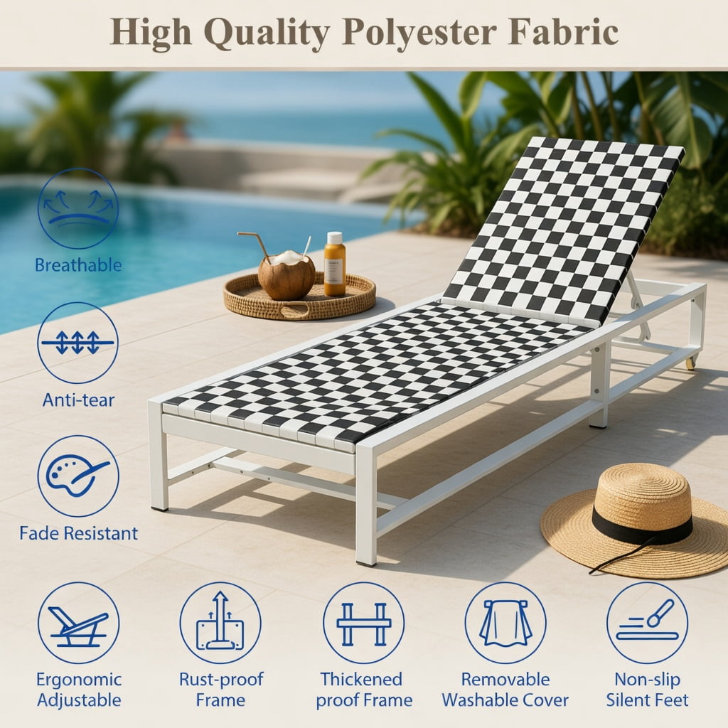 Hommoo Adjustable Outdoor Reclining Chaise Lounge Chair with Wheels, Steel Frame Patio Lounger for Deck, Backyard, Poolside, Black & White