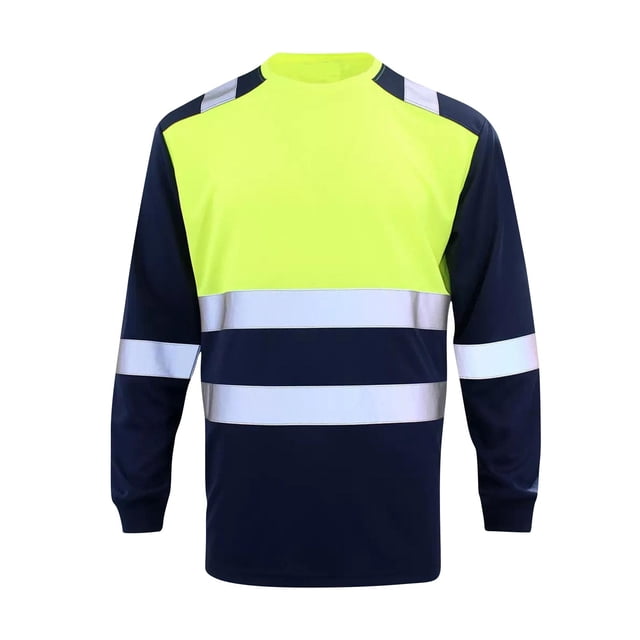Lovzfmll Men's Reflective Mesh Safety Work Shirt, Color Block Long Sleeve Crewneck Top for High Visibility Yellow, XL