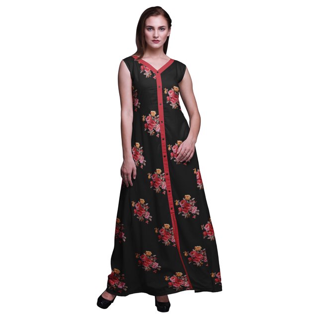 Bimba Floral Printed Front Slit Sleeveless Summer Spring Long Women BeachDress-Small