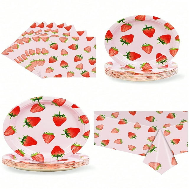 OUSITAID 66pcs(25pcs Napkins + 20pcs 7‘‘ Plates + 20pcs 9‘‘ Plates + 1pc Tablecloth)Disposable Tableware Set Pink Strawberry Patterned Tableware Set Suitable For Various Themed Parties