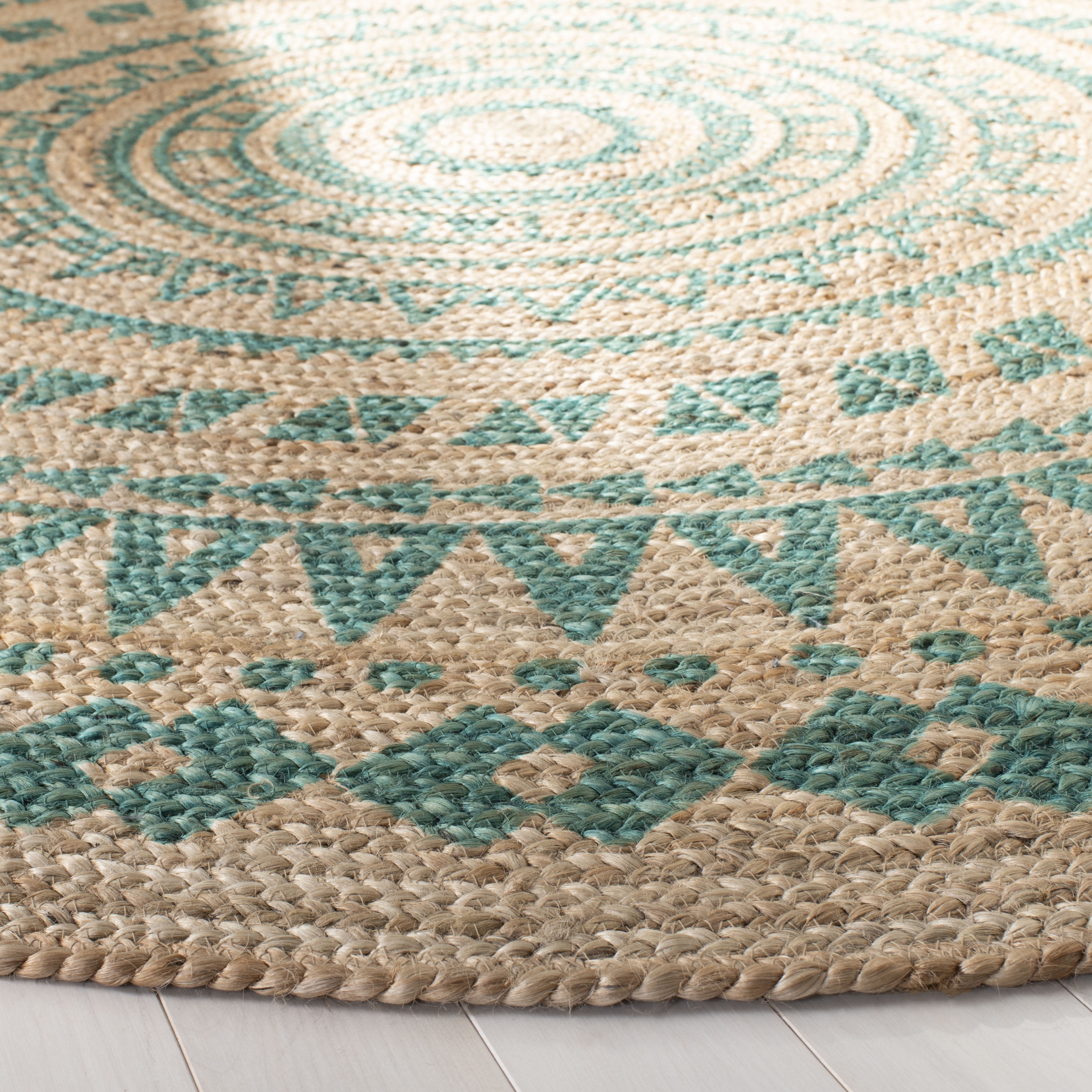 SAFAVIEH Natural Fiber Zoolander Geometric Jute Area Rug, Teal/Natural, 4' x 4' Round