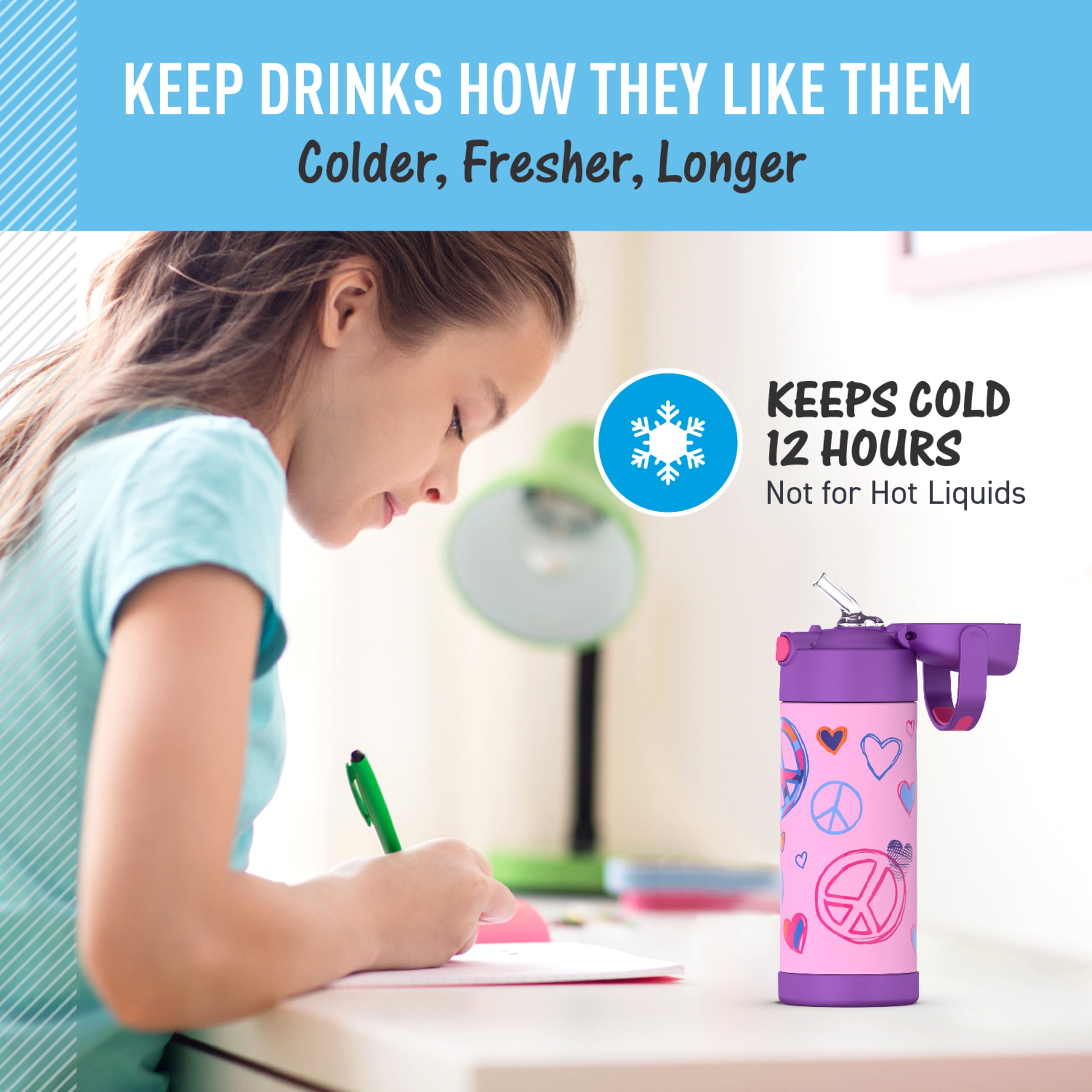 Thermos Kids Stainless Steel Funtainer Water Bottle with Straw, Dishwasher Safe, Leak Proof Peace, 14 oz