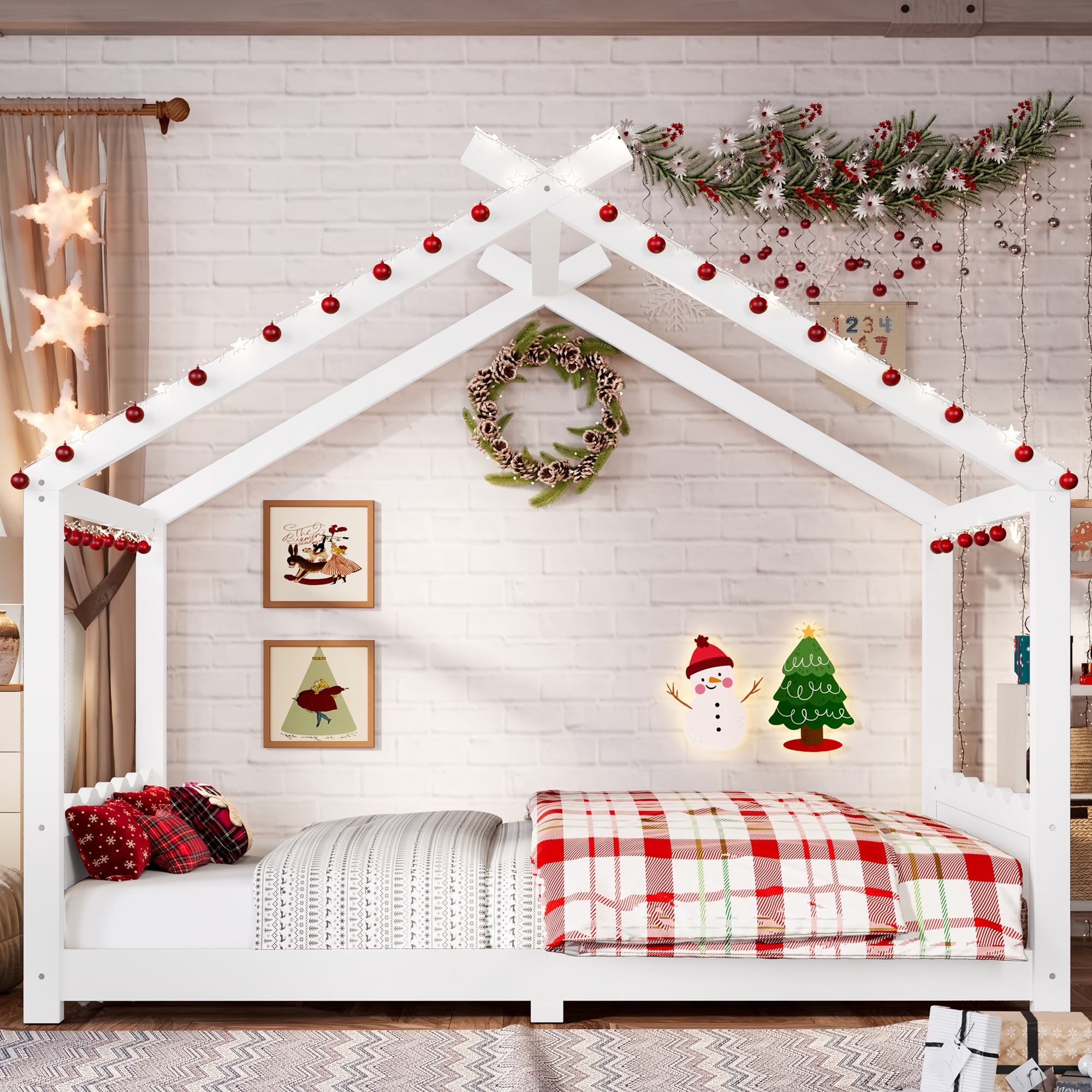 Leumius Full Size House Shape Bed,Montessori House Bed Solid Wood Floor Bed for Kids,No Box Spring Needed,Light White