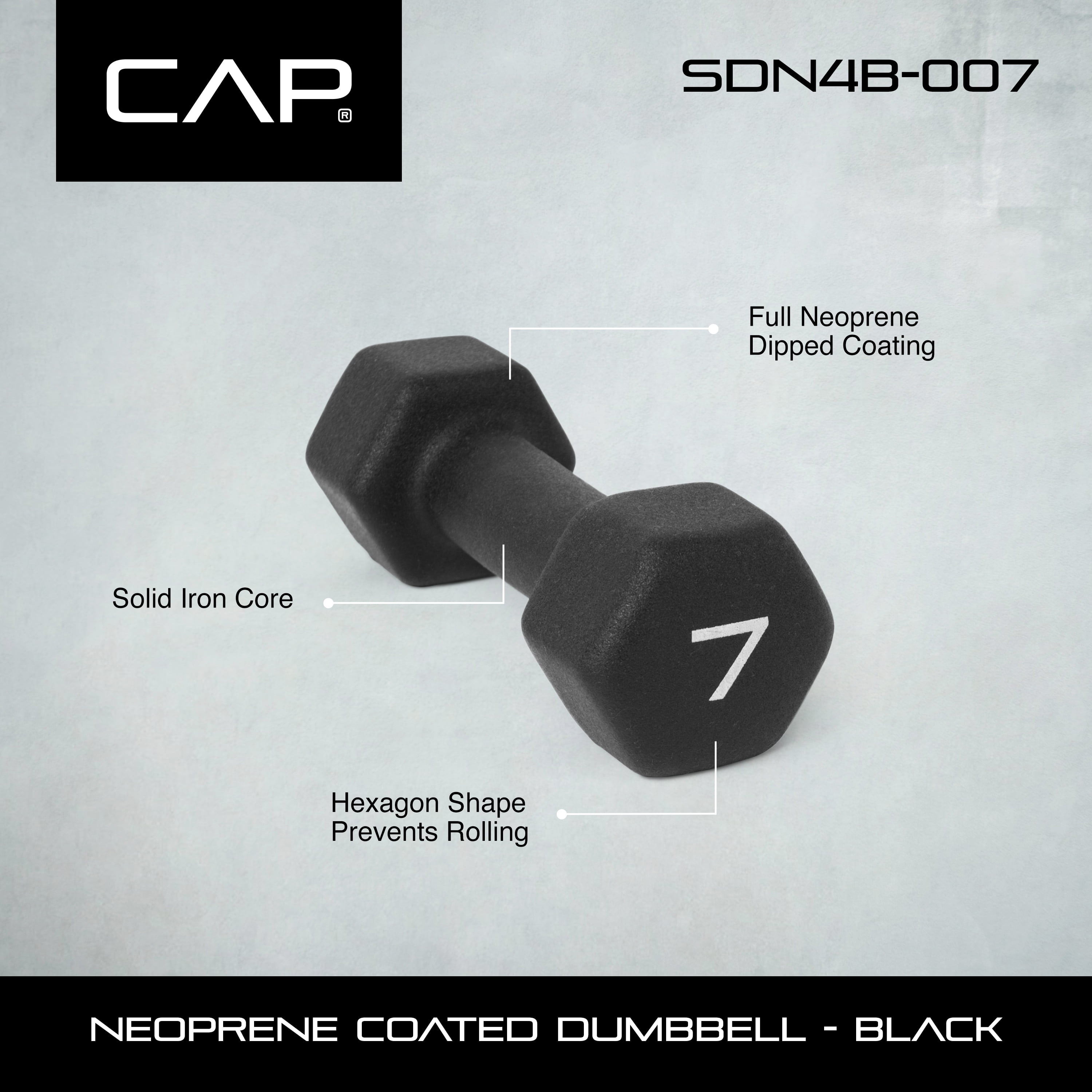 CAP Barbell, 7lb Black Neoprene Dumbbell, Single