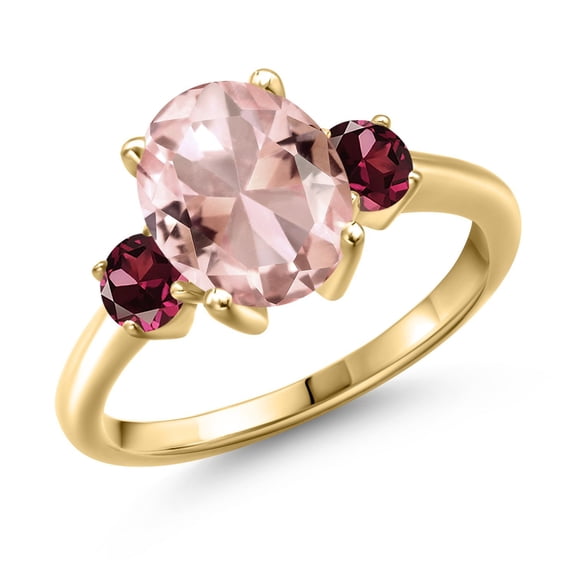 Gem Stone King 3.06 Ct Peach Nano Morganite Red Rhodolite Garnet 18K Yellow Gold Plated Silver Ring (Size 9)