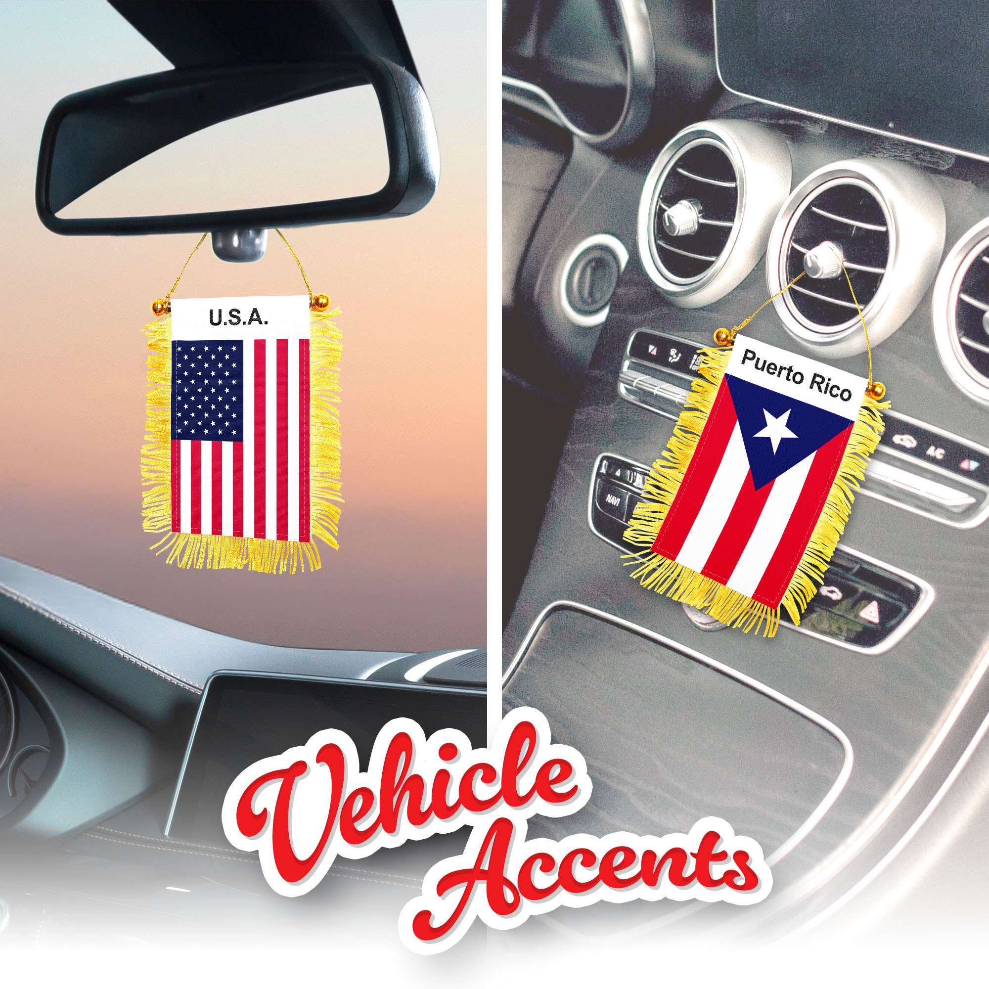 G128 Combo Pack: American USA & Puerto Rico Fringy Flag Double Sided 3x5 In | Both Fringy Hanging Flag with Suction Cup