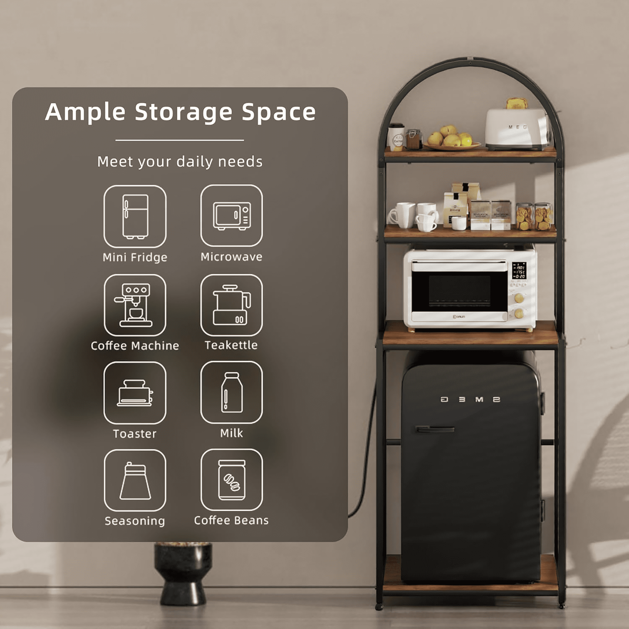 Fridge Stand with Power Outlet and Wheels, 4-Tier Mini Fridge Cabinet with Storage, Kitchen Storage Shelf Rack for Living Dining Room