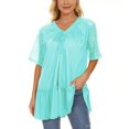 thumbnail image 2 of Tops fruncidos para mujer, cuello en V, costuras de encaje, dobladillo fruncido, manga corta, blusa informal para mujer para fiesta en la calle, oficina, azul M, 2 of 5